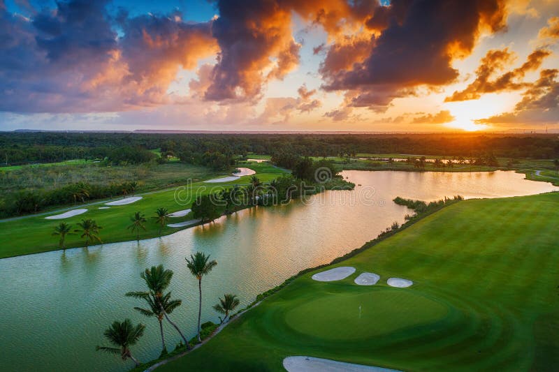 Aerial view of tropical golf course at sunset, Dominican Republic, Punta Cana. Aerial view of tropical golf course at sunset, Dominican Republic, Punta Cana