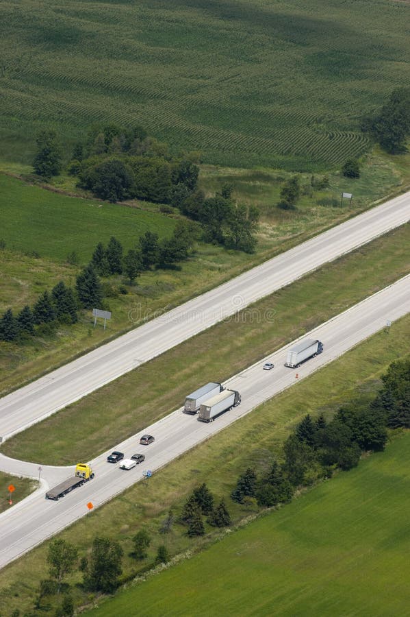 Aerial View Trucks Cars on Interstate Freeway