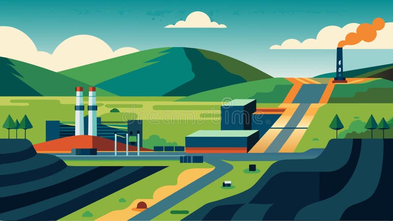 An aerial view of an underground coal gasification plant surrounded by vast rolling hills and fields highlighting the stock illustration