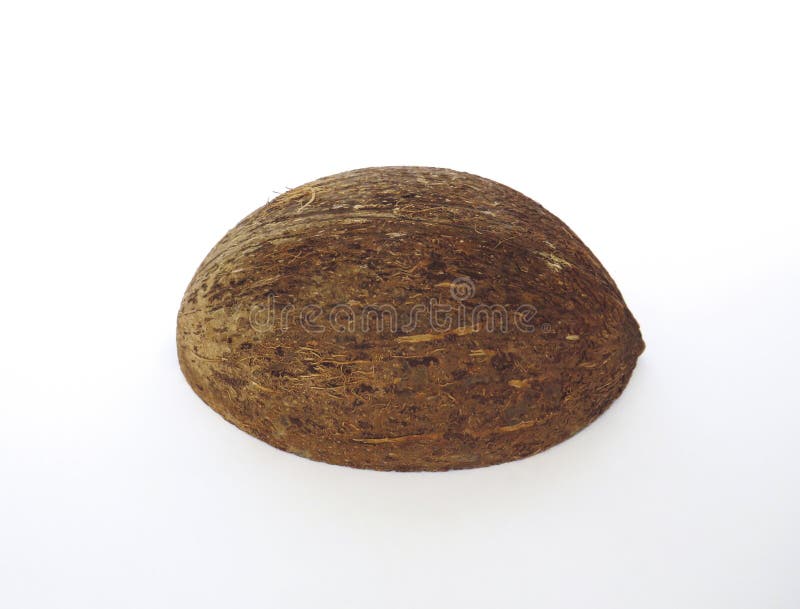 Aerial view of upside down bowl of natural coconut isolated on white background. Coconut shell upside down view