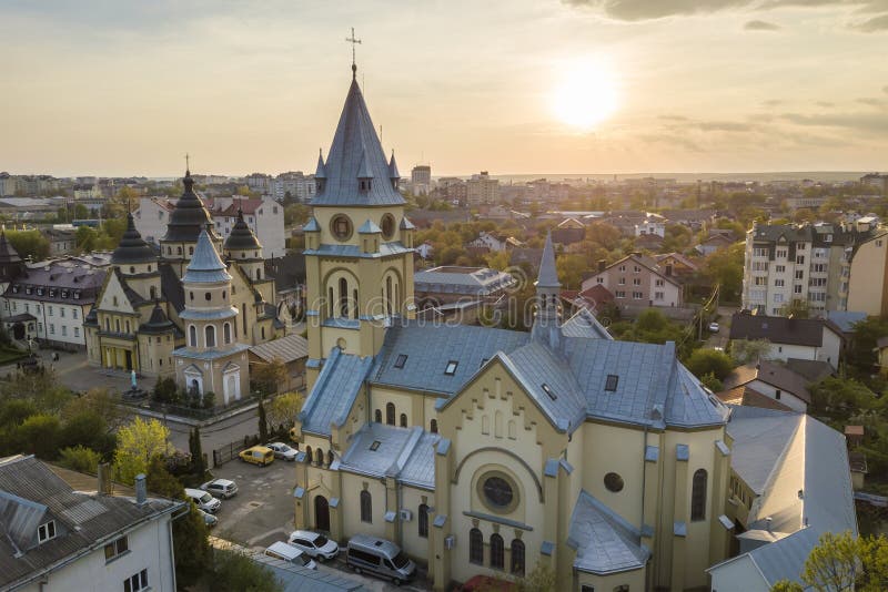 Aerial view of urban area in Ivano-Frankivsk city, Ukraine. Big building of old historic church in rural suburbs