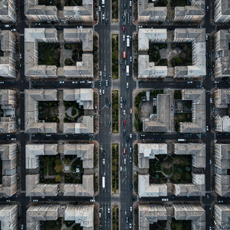 Aerial view of an urban area showing a grid-like pattern of apartment buildings. Each stock illustration