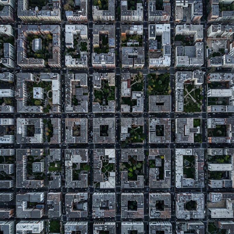 Aerial view of an urban grid layout, showcasing rows of rectangular city blocks. vector illustration