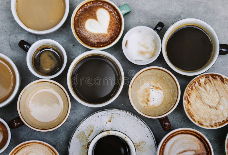 Aerial view of various hot coffee drinks