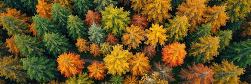 Aerial view of vibrant autumn forest with colorful foliage and evergreen trees stock photography