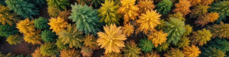 Aerial view of vibrant autumn forest with mixed green and golden foliage stock photos