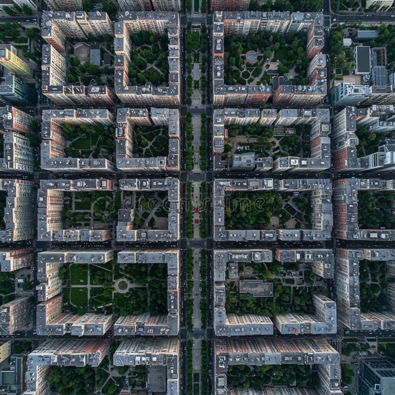 Aerial view of a well-organized urban grid featuring rectangular residential blocks with stock illustration
