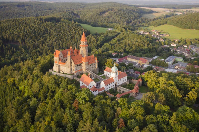 Aerial view of well preserved gothic castle Bouzov
