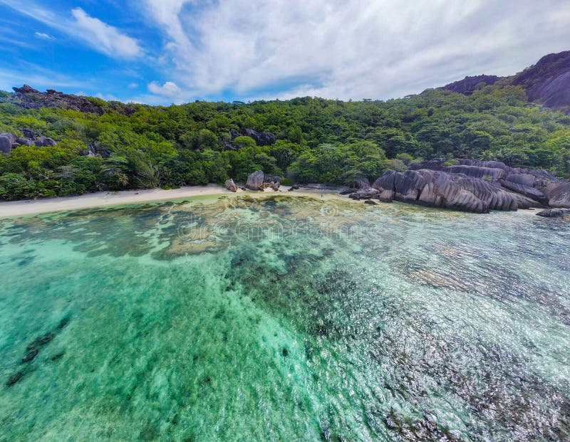 Aerial View of World Famous Anse Source D Argent Beach on a Cloudy Day ...