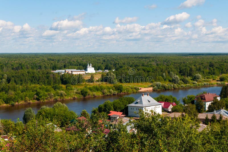 Aerial view of the Znamensky monastery, River Klyazma and Gorokhovets Russia royalty free stock photo Aerial view of the Znamensky monastery, River Klyazma and Gorokhovets Russia royalty free stock photo