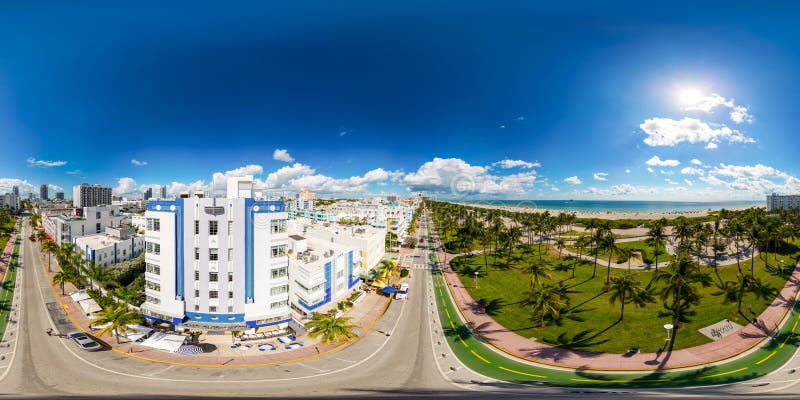 Miami Beach, FL, USA - October 6 , 2022: Aerial 360 vr spherical photo Park Central Hotel Ocean Drive South Beach Miami FL