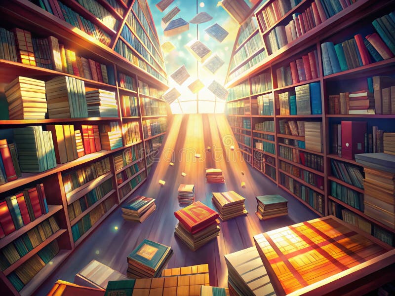 Flygperspektiv av ett blomstrande studentbibliotek Öppna böcker, tornande staplar och kreativ inspiration royaltyfri illustrationer