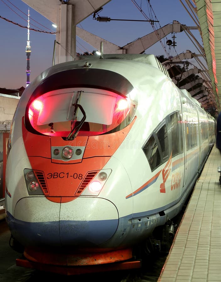 Aeroexpress Train Sapsan at the Leningrad station (night). Moscow, Russia