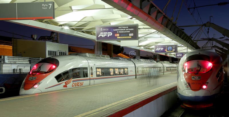 Aeroexpress Train Sapsan at the Leningrad station (night). Moscow, Russia