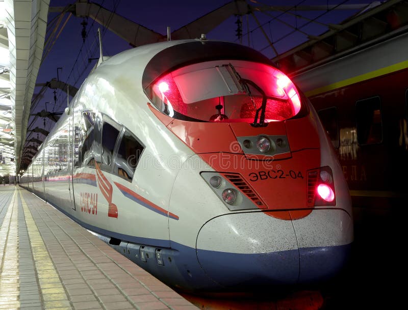 Aeroexpress Train Sapsan at the Leningrad station (night). Moscow, Russia