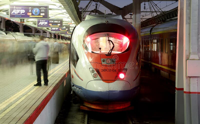 Aeroexpress Train Sapsan at the Leningrad station (night). Moscow, Russia