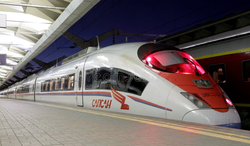 Aeroexpress Train Sapsan at the Leningrad station (night). Moscow, Russia