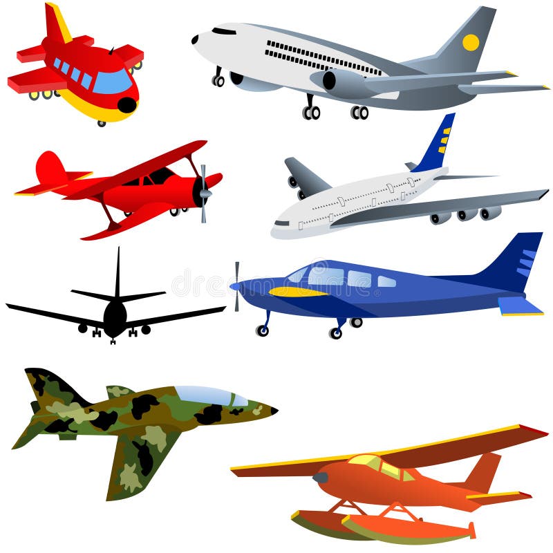 Vector illustration of 8 different airships isolated on white background. Aircraft arrival sign vectors