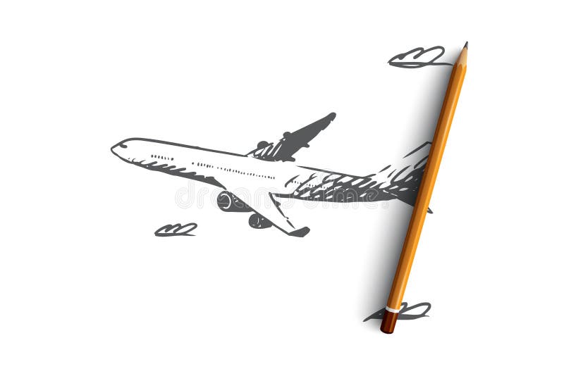 Aeroplano, cielo, vuelo, transporte, concepto del viaje Vector aislado dibujado mano libre illustration Aeroplano, cielo, vuelo, transporte, concepto del viaje Vector aislado dibujado mano libre illustration