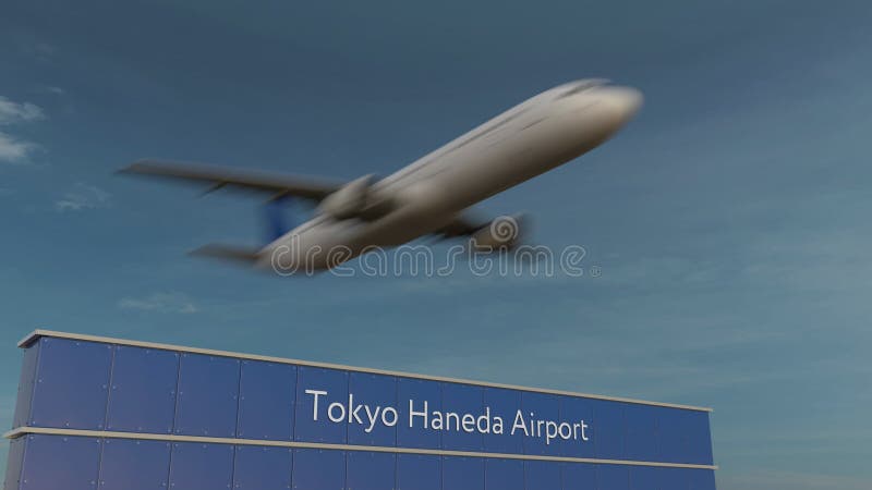 Aeroplano comercial que saca en la animación conceptual 4K del aeropuerto 3D de Tokio Haneda
