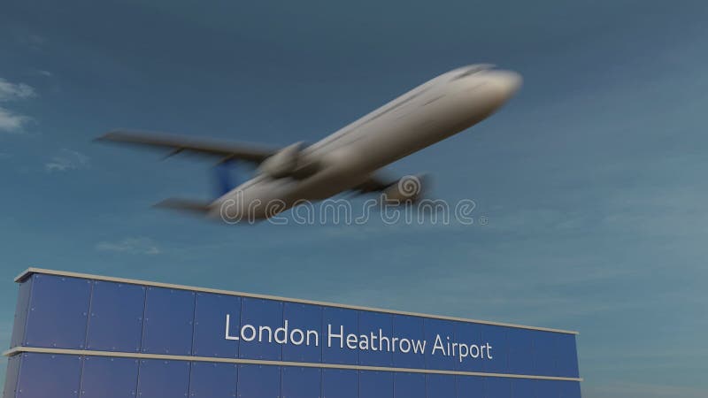 Aeroplano comercial que saca en la animación conceptual 4K del aeropuerto de Londres Heathrow 3D