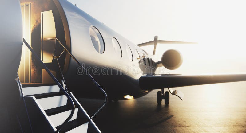 Business private jet airplane parked at terminal. Luxury tourism and business travel transportation concept. Closeup. 3d rendering. Business private jet airplane parked at terminal. Luxury tourism and business travel transportation concept. Closeup. 3d rendering
