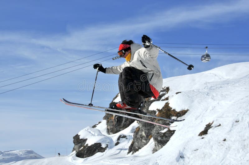 Aeroski: a skier performs a high jump