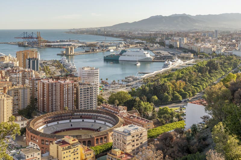 Aerial view of the center and port of Malaga, Spain, Europe. Aerial view of the center and port of Malaga, Spain, Europe