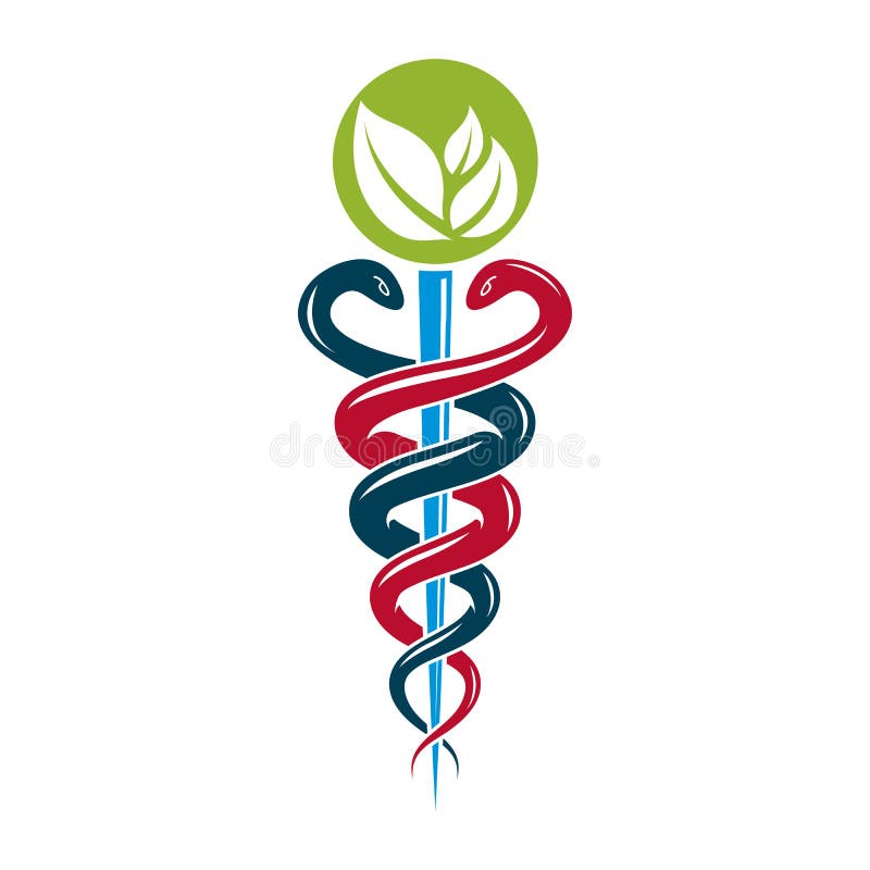 Aesculapius vector abstract illustration created using snakes and green leaves, Caduceus symbol. vector illustration