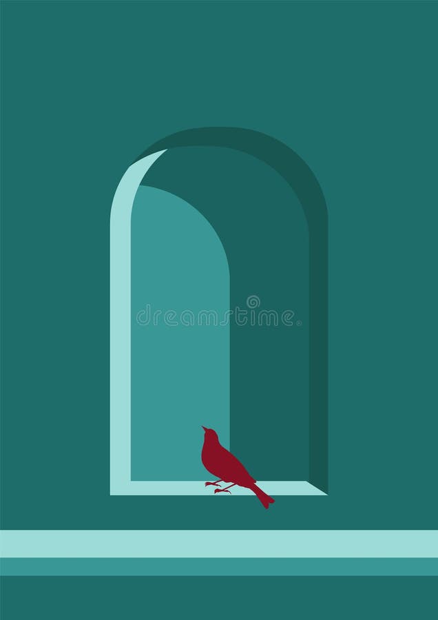 Aestesisk grön dekoration med sittande fågel i fönsterillustration. Minimalistisk babhokonst. vektor illustrationer