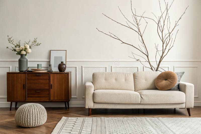 Aestesiskt minimalistiskt vardagsrum med modulärt soffa royaltyfri illustrationer
