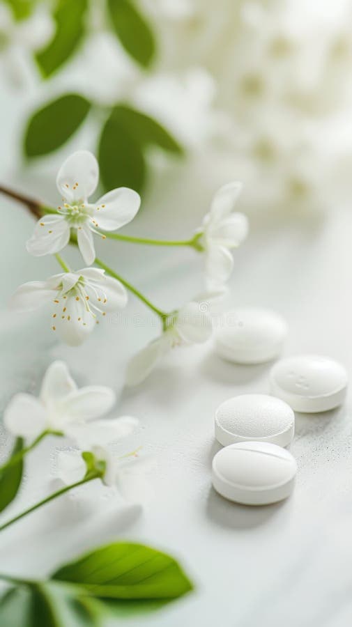 White herbal tablets with delicate blossoms on a light background royalty free stock photography