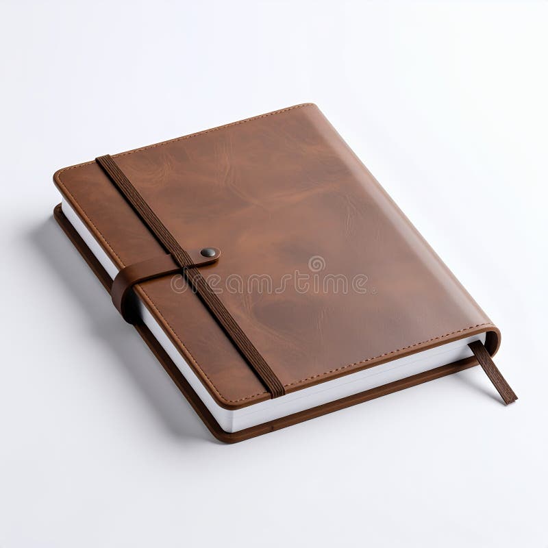 Aesthetic leather-bound journal with strap and bookmark for writing notes on white background stock illustration
