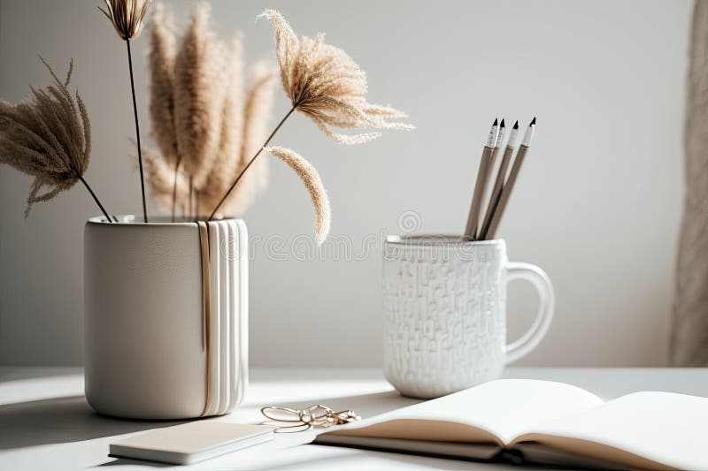 Aesthetic Minimal Office Workspace Interior Design. Illustration AI