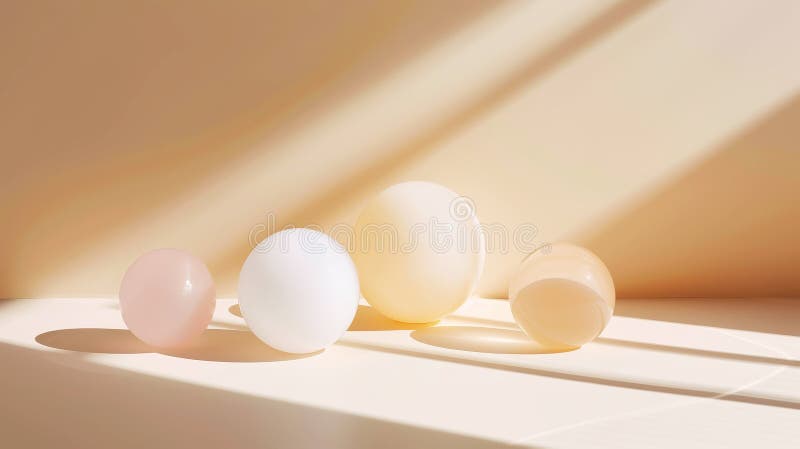 Aesthetic white and beige podium with pastel matte spheres of different sizes. Sun rays. Luxury concept. Generative AI