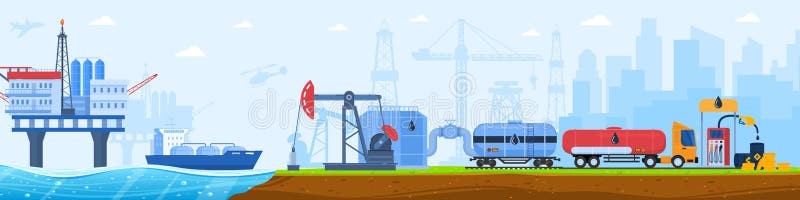 Oil gas industry vector illustration. Cartoon flat industrial urban landscape with manufacturing plant silhouettes, offshore sea platform, oil drilling rigs and cargo truck transportation background. Oil gas industry vector illustration. Cartoon flat industrial urban landscape with manufacturing plant silhouettes, offshore sea platform, oil drilling rigs and cargo truck transportation background