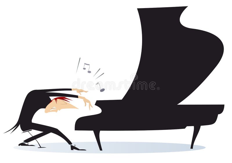 Expressive pianist man playing piano with great inspiration. Isolated white illustration. Expressive pianist man playing piano with great inspiration. Isolated white illustration