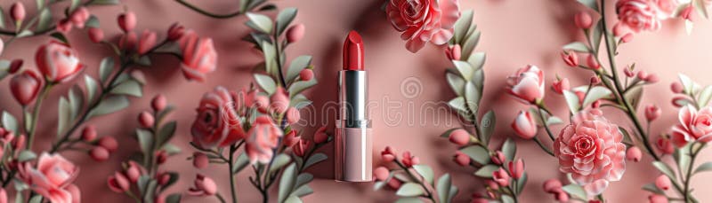 Close-up image of pink flowers and green leaves with a pink lipstick in the center. Close-up image of pink flowers and green leaves with a pink lipstick in the center