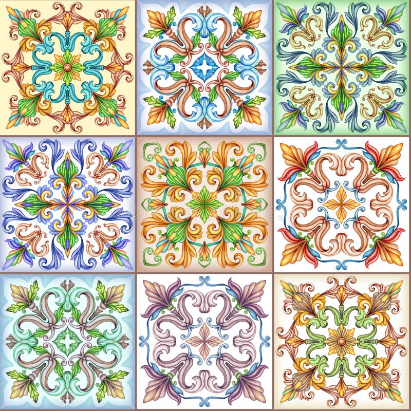 Afbeelding van waterkleur, abstracte naadloze achtergrond, patroon, middeleeuws acanthus, mozaïek keramische tegels, versiering v vector illustratie Afbeelding van waterkleur, abstracte naadloze achtergrond, patroon, middeleeuws acanthus, mozaïek keramische tegels, versiering v vector illustratie