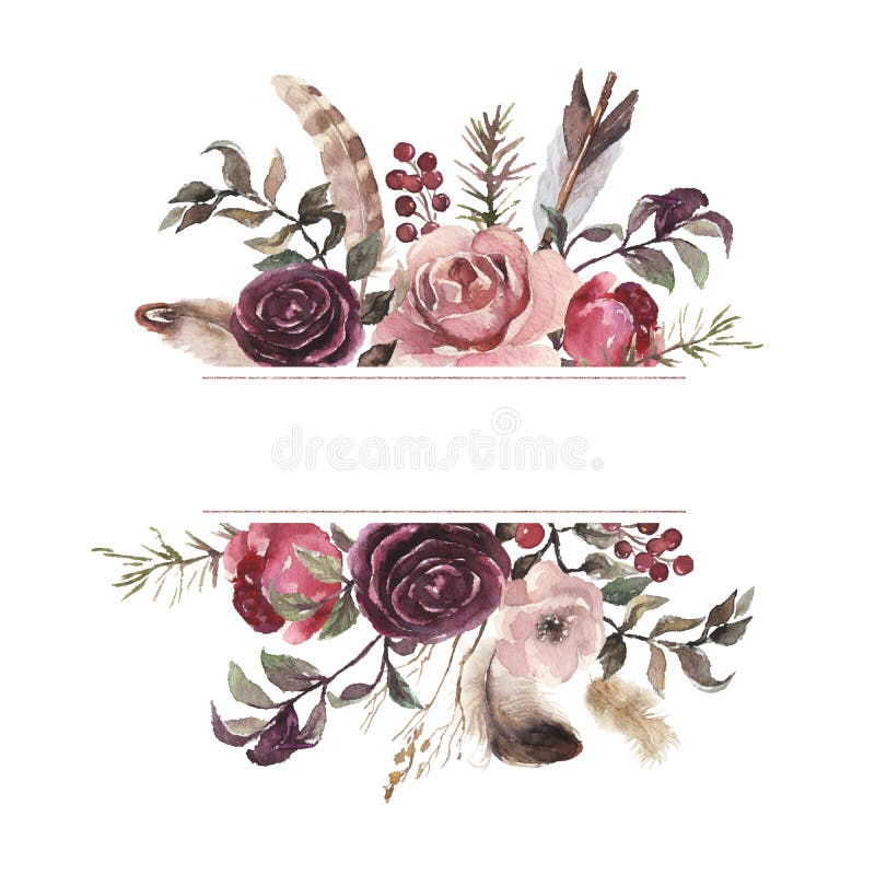 Watercolor floral illustration - flower frame / border / header, for wedding stationary, greetings, wallpapers, fashion, background. Pink, burgundy, pastel flowers. Watercolor floral illustration - flower frame / border / header, for wedding stationary, greetings, wallpapers, fashion, background. Pink, burgundy, pastel flowers