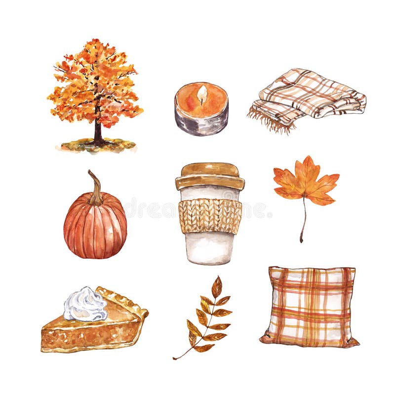 Afbeelding waterverfherfst Koffielattebeker, pompoen, taart, boom, foliage, kussen, kaars, geïsoleerd Fall graphics