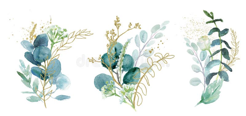 Afbeeldingsset voor waterkleurfloraal - collectie groene en goudbladtakken, voor huwelijkskantoorbenodigdheden, groeten, wallpape