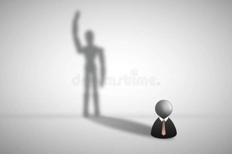 Aff?rsmansymbolsanseende p? gr? golv- och skuggaskuggning p? v?ggen i m?nsklig form stock illustrationer Aff?rsmansymbolsanseende p? gr? golv- och skuggaskuggning p? v?ggen i m?nsklig form stock illustrationer