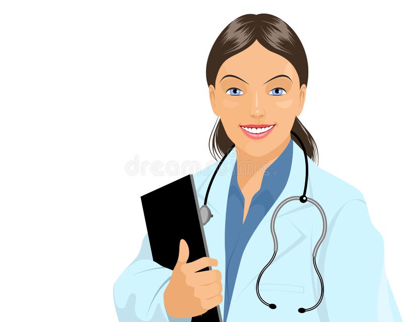 Vector illustration of a affable doctor with tablet