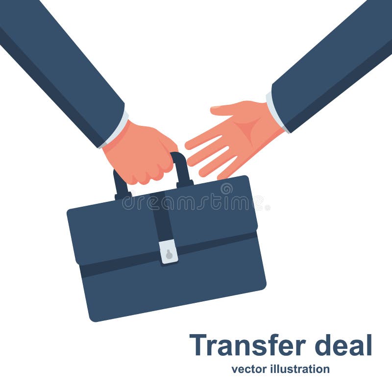 Transfer deal. Businessman holding a briefcase in hand. Give a suitcase. Vector illustration flat design. Business cartoon icon. Handover of a suitcase in the hands of partner. Transfer deal. Businessman holding a briefcase in hand. Give a suitcase. Vector illustration flat design. Business cartoon icon. Handover of a suitcase in the hands of partner.