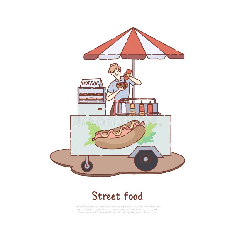 Affaires rapides de vente de repas, vendeur faisant cuire le casse-cro?te savoureux, saucisse, d?jeuner rapide malsain, service ? illustration libre de droits Affaires rapides de vente de repas, vendeur faisant cuire le casse-cro?te savoureux, saucisse, d?jeuner rapide malsain, service ? illustration libre de droits