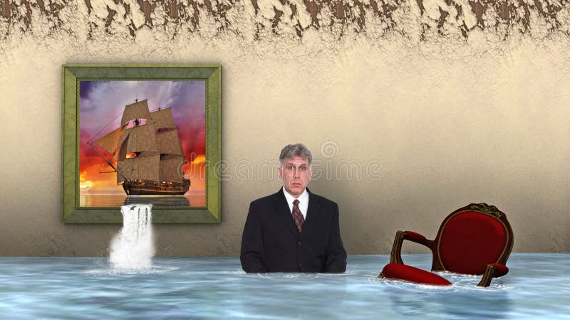 A surreal scene of a tall sailing ship painting with a waterfall coming out of the frame and the water causing a flood in an old room. A businessman stands in the water of this abstract concept for business, sales, and marketing. A surreal scene of a tall sailing ship painting with a waterfall coming out of the frame and the water causing a flood in an old room. A businessman stands in the water of this abstract concept for business, sales, and marketing.