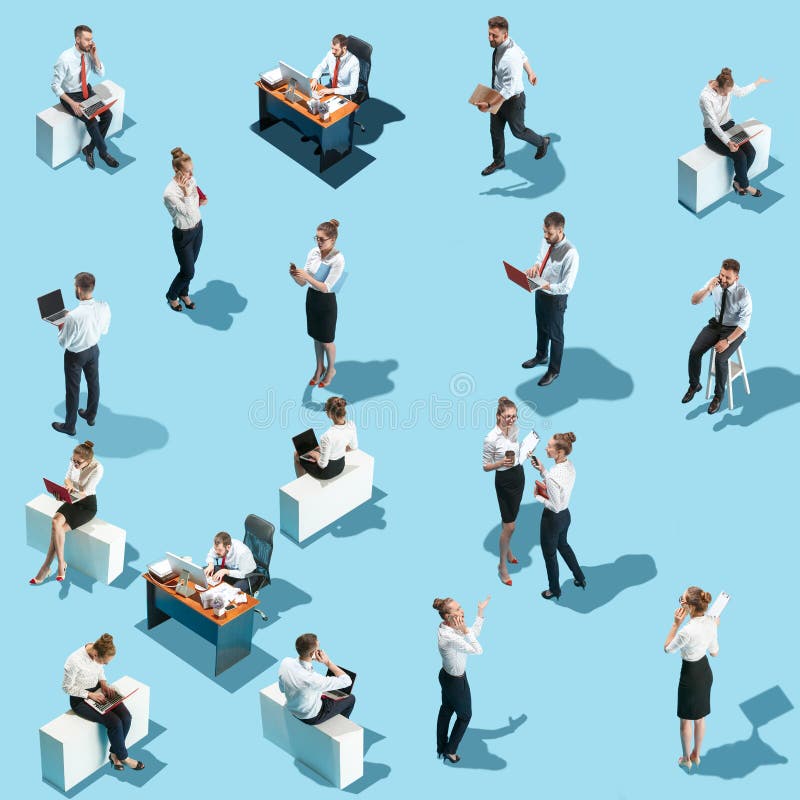 Conceptual image of business processes with businessman and businesswoman. Flat isometric view. Business, recruitment, human resources, communication, internet, teamwork and network concept. Miniature people. Collage. Conceptual image of business processes with businessman and businesswoman. Flat isometric view. Business, recruitment, human resources, communication, internet, teamwork and network concept. Miniature people. Collage
