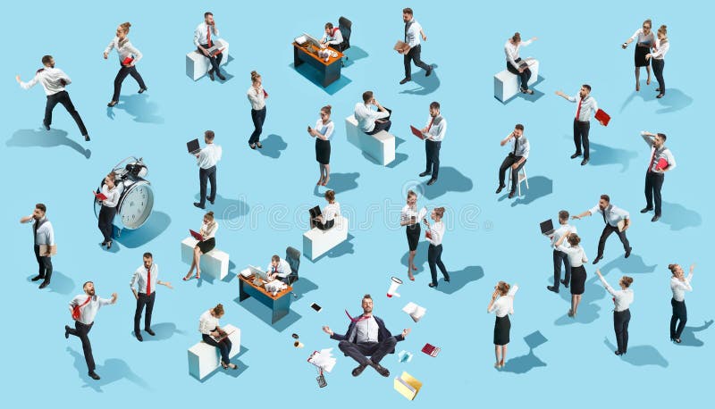 Conceptual image of business processes with businessman and businesswoman on blue. Flat isometric view. The human resources, communication, internet, teamwork concept. Miniature people. Collage. Conceptual image of business processes with businessman and businesswoman on blue. Flat isometric view. The human resources, communication, internet, teamwork concept. Miniature people. Collage