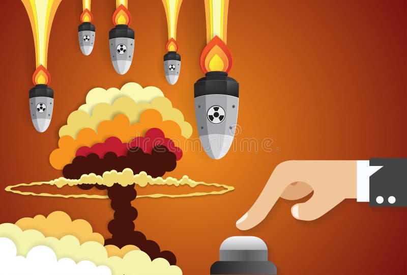 Affare di una mano dell'uomo d'affari che spinge pulsante di avvio, guerra nucleare illustrazione di stock
